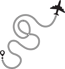 Airplane route path icon. The flight path of the aircraft from the point of location along the dotted line. Flight route from a waypoint with an airplane silhouette isolated on transparent background.