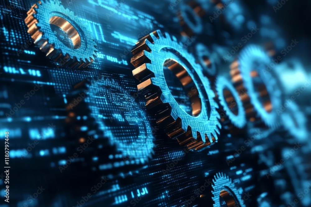 Aufkleber a close-up view of innovative gears with a digital background for tech concepts.