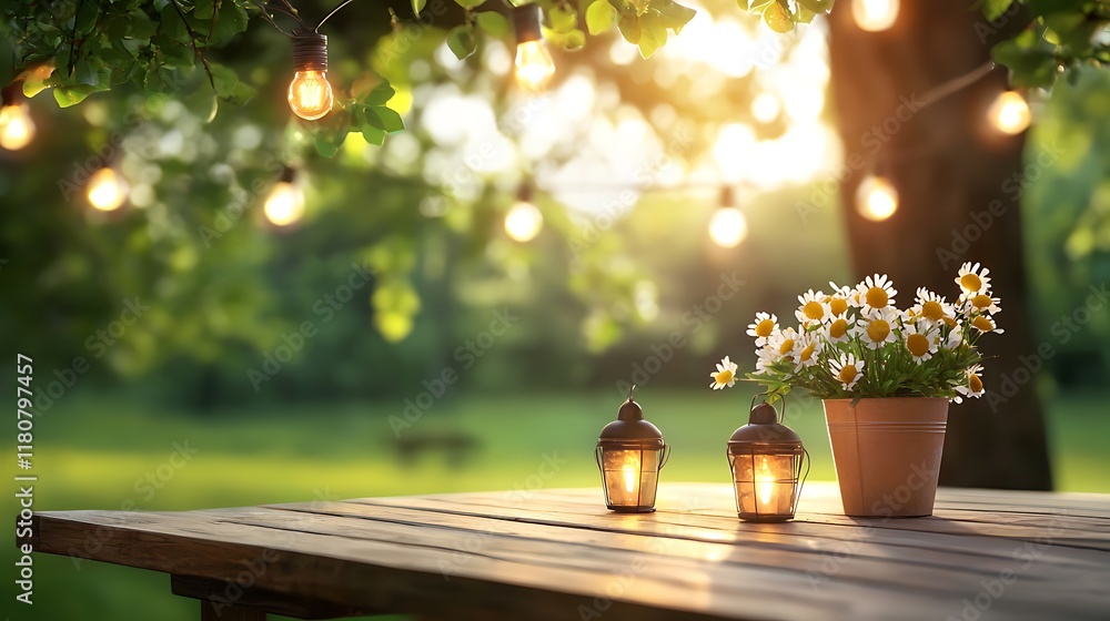Poster cozy table setting surrounded by glowing lanterns and lush greenery creating a warm and inviting atm