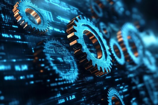 A close-up view of innovative gears with a digital background for tech concepts.