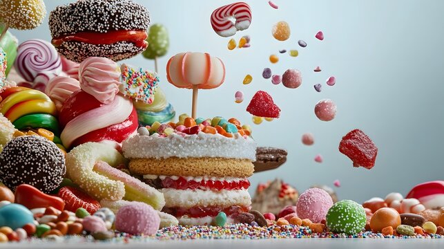 Colorful candy explosion dessert table food photography sweet environment close-up view whimsical concept for delightful treats