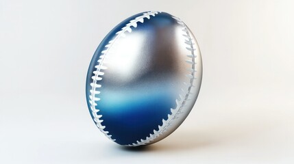 Dynamic 3D rugby ball with gradient colors from blue to silver, showcasing fine seam details, on white.