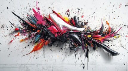 An abstract graffiti composition resembling an explosion of paint splatters and dripping textures