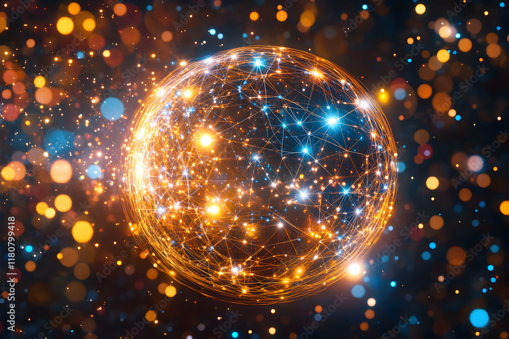 Poster luminous sphere representing global network, connections, and data flow. abstract artwork with bokeh