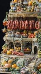 A decorative display featuring various fruits, sausages, and intricate architectural elements.