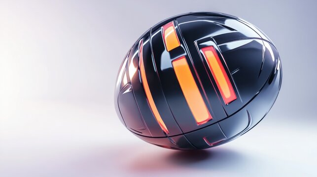 Futuristic 3D rugby ball with neon accents and glossy panels, floating on a bright white backdrop.