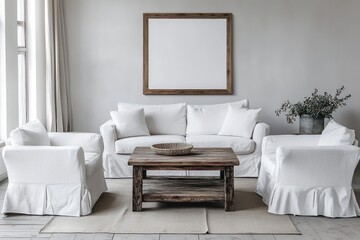 Bright living room with a white sofa, rustic table, and a mockup frame angled for effective ad space.