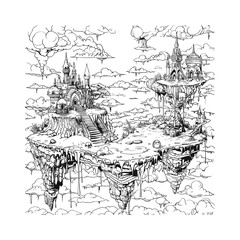 Obraz premium floating island kingdom hand drawn design vector template