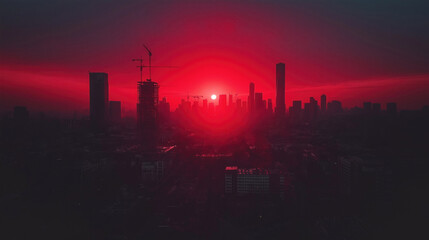 Fototapeta premium Red sunrise over urban skyline with construction cranes and skyscrapers