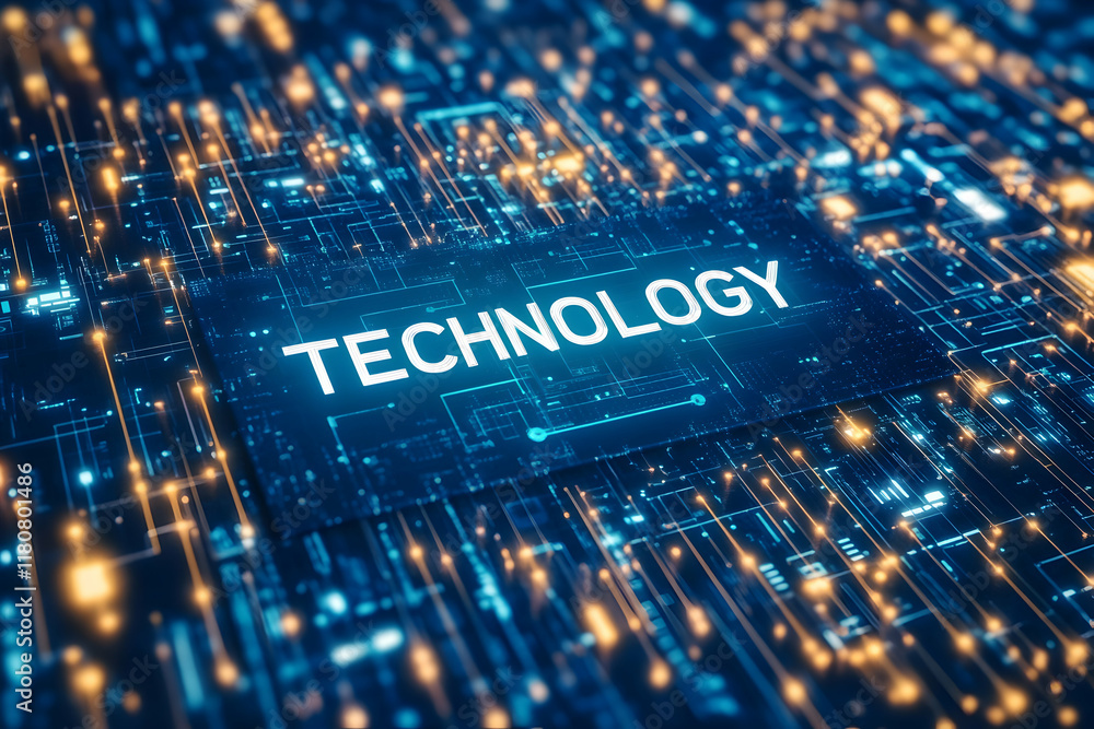 Poster abstract digital technology background showcasing intricate circuitry and glowing lines, with the wo