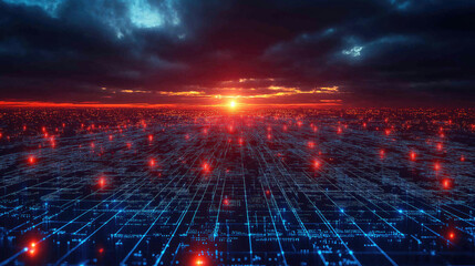 Fototapeta premium Red sunset over digital grid with glowing lights on cloudy horizon