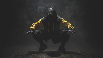 Fototapeta premium Mysterious hooded figure in yellow jacket amidst darkness and fog