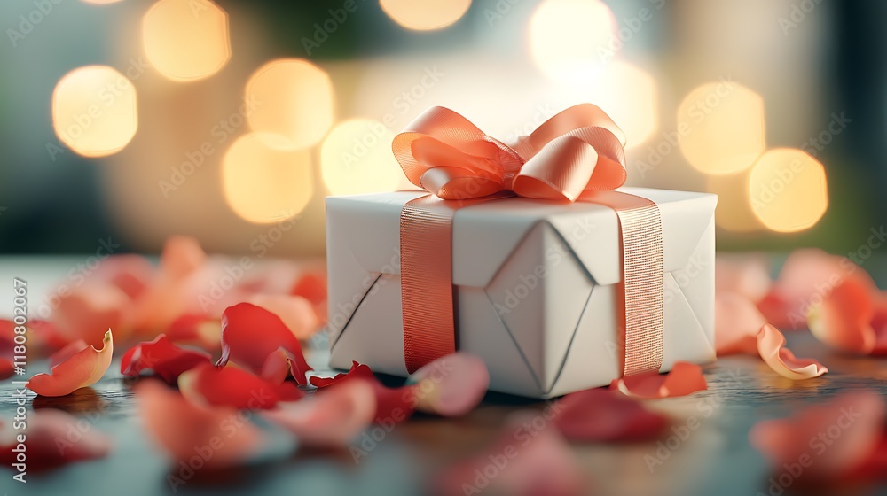 Poster elegant gift box wrapped in ribbon and surrounded by delicate glowing rose petals in a soft blurred 