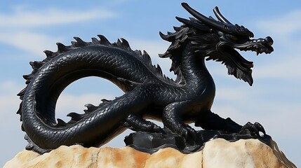 Obraz premium Majestic Black Dragon Statue Against Blue Sky