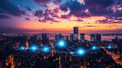 Fototapeta premium Digital network connections over cityscape at sunset with illuminated skyline