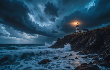Lighthouse on the coast at night Long exposure Dramatic sky