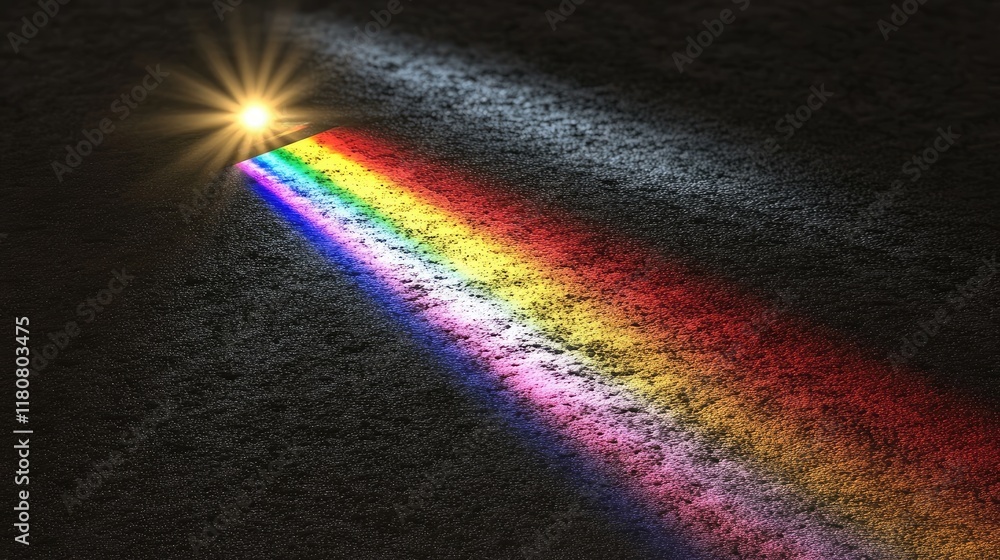 Poster a beam of light creating a rainbow spectrum on a textured surface.