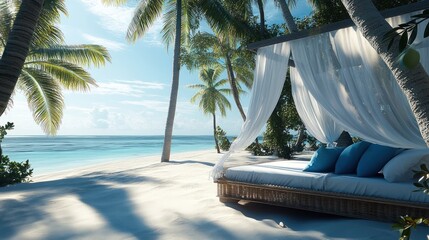 Obraz premium Tropical beach bed canopy relaxation ocean paradise vacation