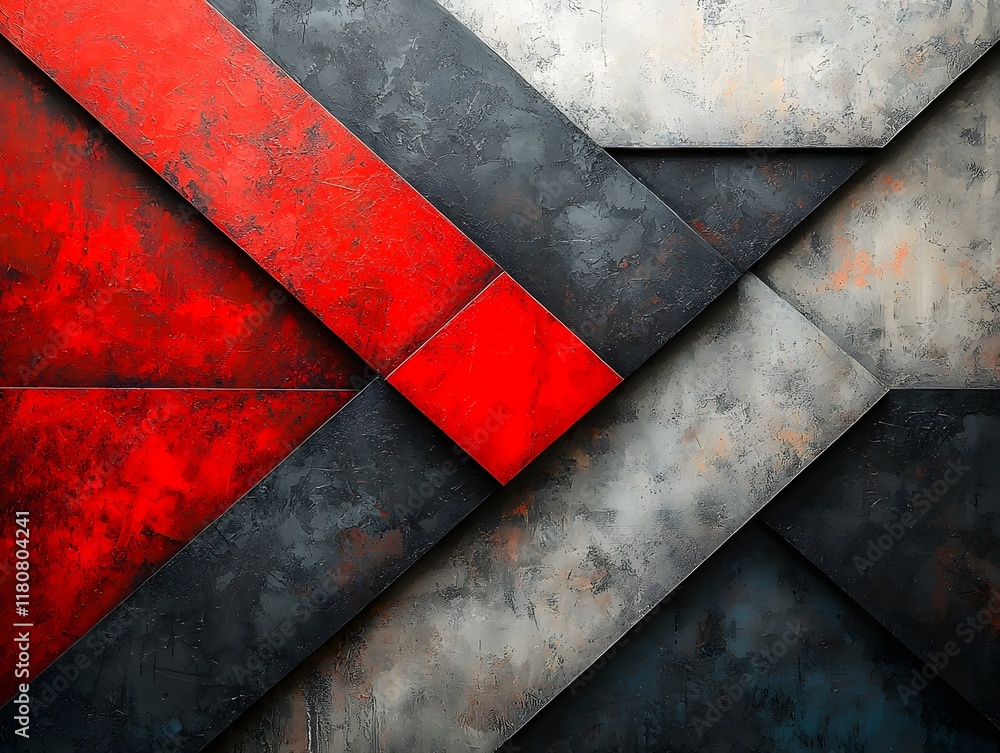 Poster striking bold geometric composition with overlapping monochromatic shapes and red accent