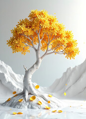 3D wallpaper with a white tree and golden leaves, a marble background with a landscape. new image