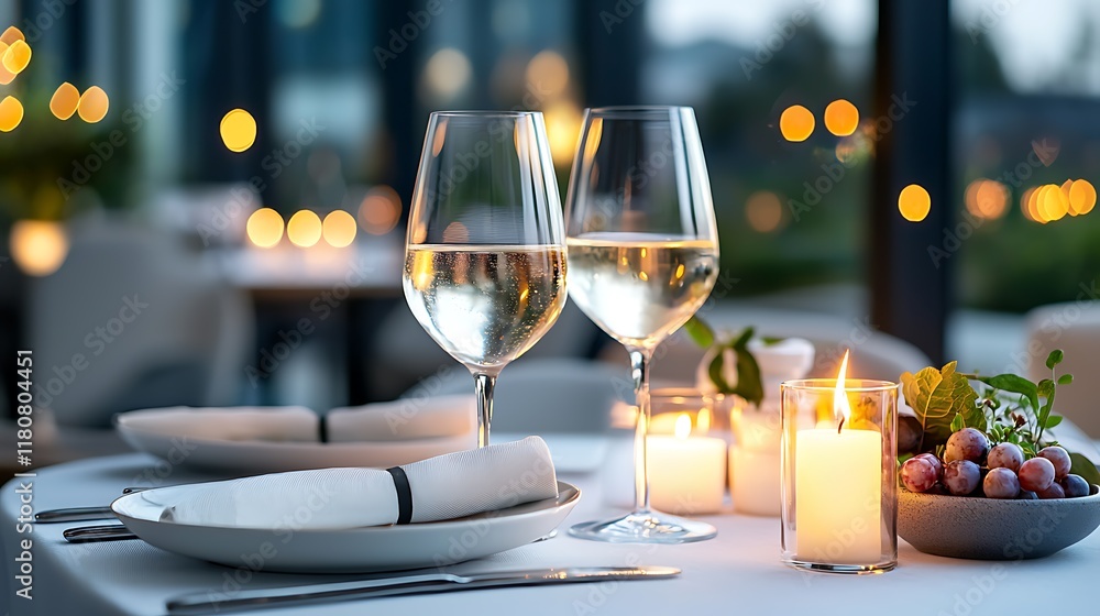 Aufkleber elegant tabletop setting for two with glowing candles wine glasses and various food items creating a