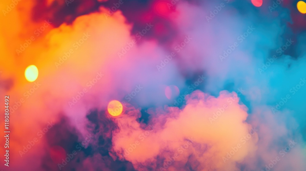Poster vibrant multicolored smoke and bokeh lights in abstract soft focus