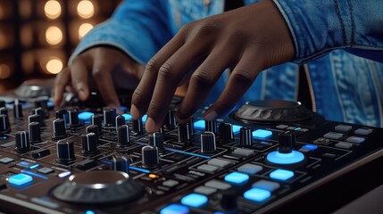 Fototapeta premium African young man dj mixing music on soundboard with blue led lights