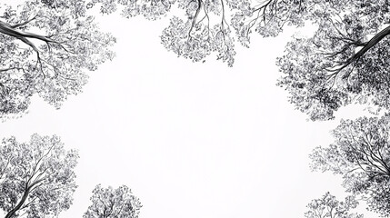 black and white pencil sketch of tree branches and foliage forming a border frame around a white background