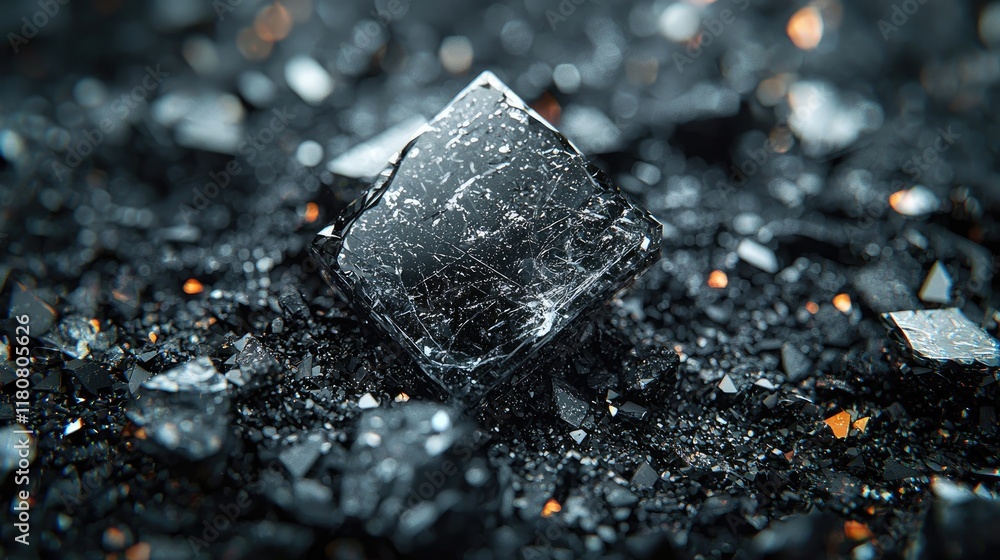 Poster black crystal: a close-up look at a broken geometric structure. abstract macro photography of a dark