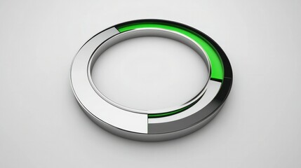 Modern 3D circle graph in metallic silver and green, showing balanced segments on a white backdrop.