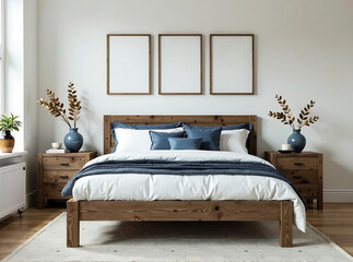Rustic wooden bed with blue pillows and two bedside cabinets against white wall with three posters frames. Farmhouse interior design of modern bedroom new image