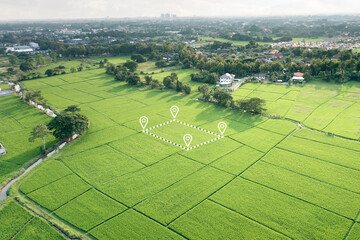 Land plot in aerial view. Gps registration survey of property, real estate for map with location,...
