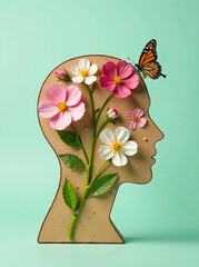 Cardboard silhouette of human head decorated with flowers and butterfly on mint background World mental health day concept Vertical banner Copy space new image