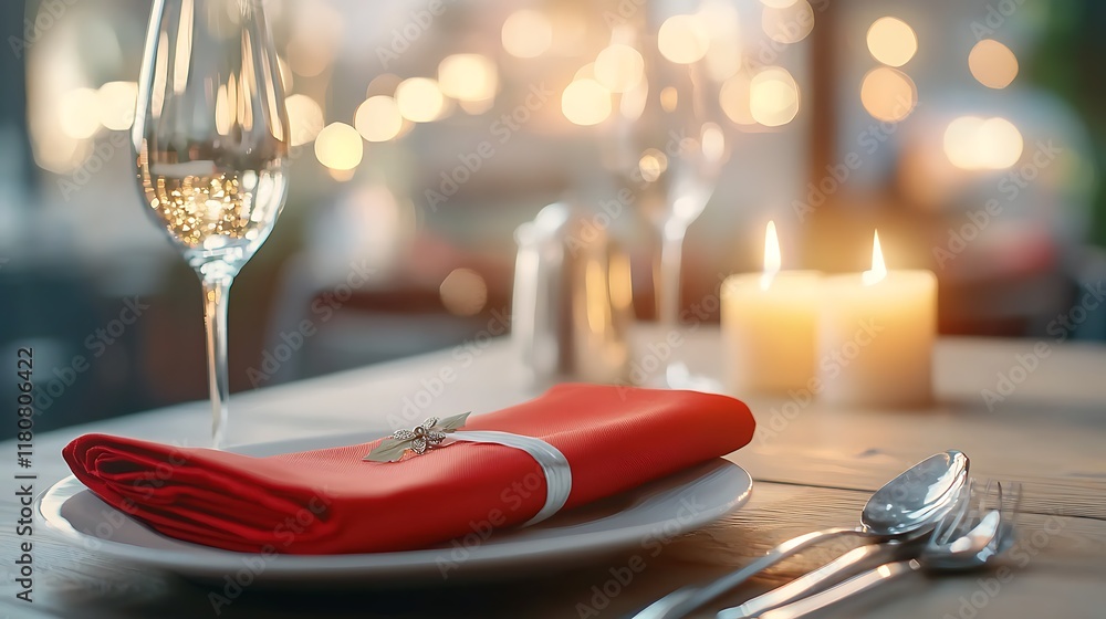 Aufkleber glowing candlelit table setting with red napkins and silverware creating a warm and intimate atmosph