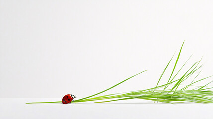 Fototapeta premium single ladybug crawling on green grass blade on white background