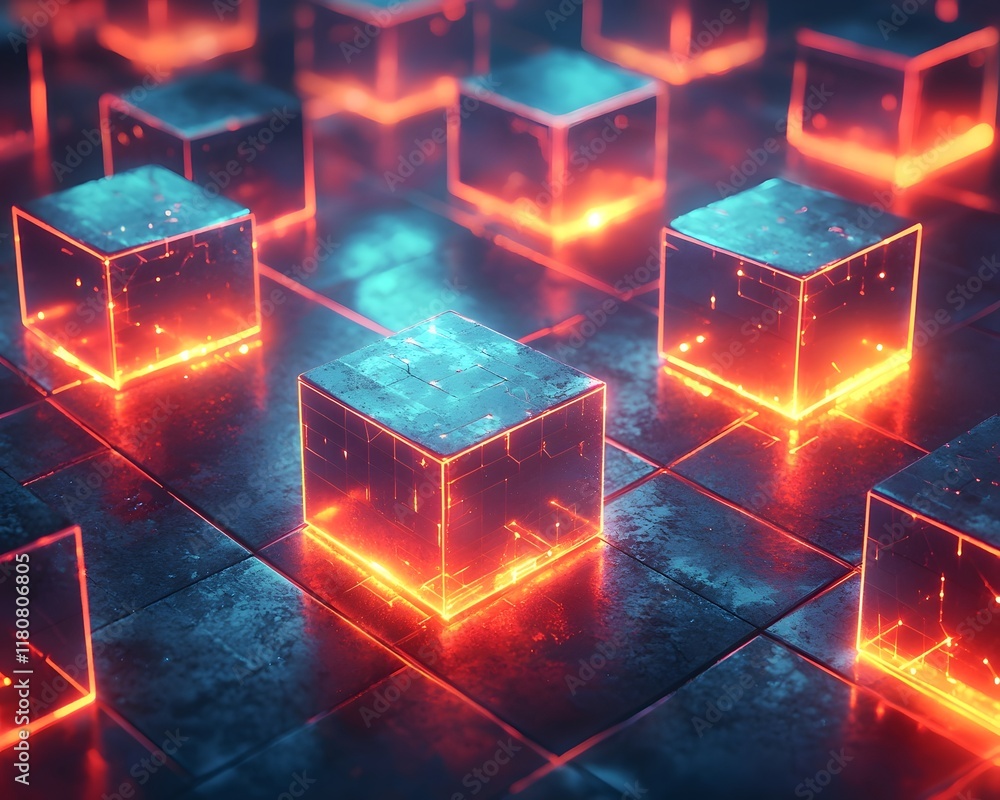 Poster retro futuristic glowing isometric cube grid abstract background