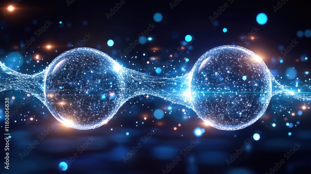 Poster quantum entanglement visualization with interconnected glowing spheres in space