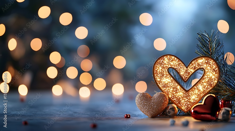 Poster glowing golden heart shaped ornament with intricate design against a blurred festive background of s