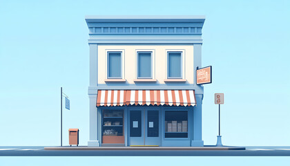 Charming 3D rendered illustration of a quaint blue storefront with a red and white striped awning, perfect for bakery, cafe, or small business concepts.