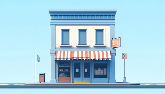 Charming 3D rendered illustration of a quaint blue storefront with a red and white striped awning, perfect for bakery, cafe, or small business concepts.