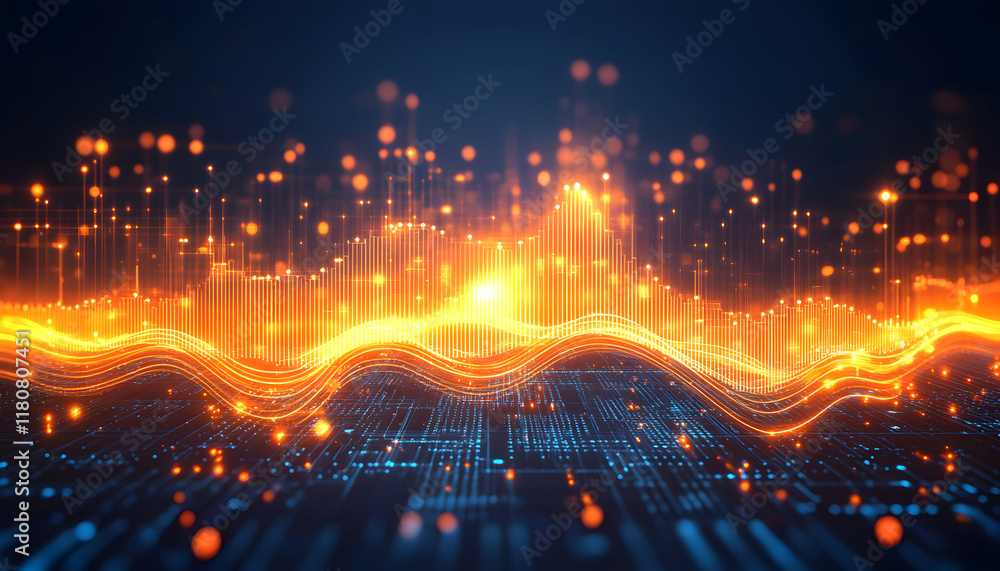 Poster abstract digital wave data visualization; glowing orange and blue lines forming a dynamic graph on a