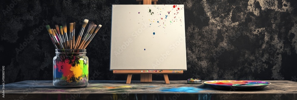 Poster a blank canvas on an easel with brushes and paint, inviting creativity and artistic expression.