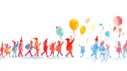 Fototapeta premium watercolor illustration of children walking in a parade with balloons