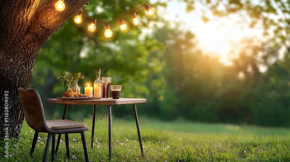 Poster intimate outdoor dining setting surrounded by glowing lanterns under a peaceful nature backdrop a tr