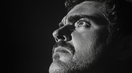 Intense Portrait of a Man Gazing Upwards in Dramatic Lighting, Capturing Emotion and Depth in Close-Up View, Showcasing Intricate Facial Details and Expressions