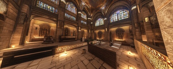 Fototapeta premium A beautifully designed interior space with stained glass and warm lighting.