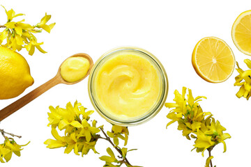 Fototapeta premium PNG, Lemon curd, lemon with cream in a glass, transparent jar, isolated on a white background.