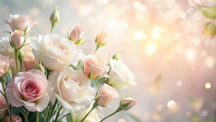 Obraz premium Delicate pastel roses in a soft-focus floral arrangement with a bokeh background