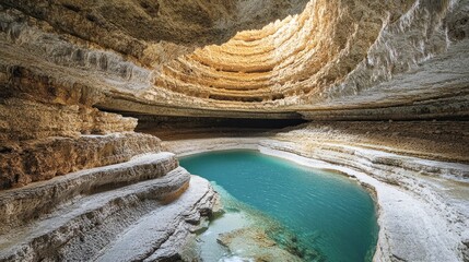 Sunlit desert sinkhole pool, Oman, geological formation, travel
