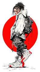 Full Body Anime Style Illustration of a Woman in a Trendy Outfit with a Backpack and Unique Sneakers Against a Bold Red Circle Background